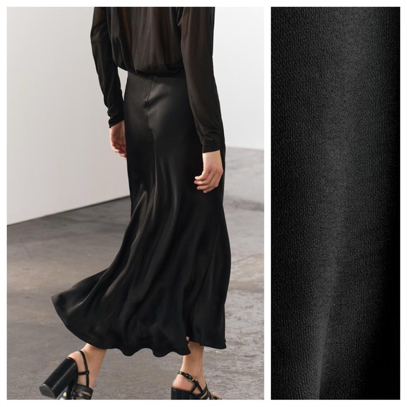 NWT. Zara ZW Collection Black Satin Effect High Waist Flared Midi Skirt. Size S. - Picture 3 of 11